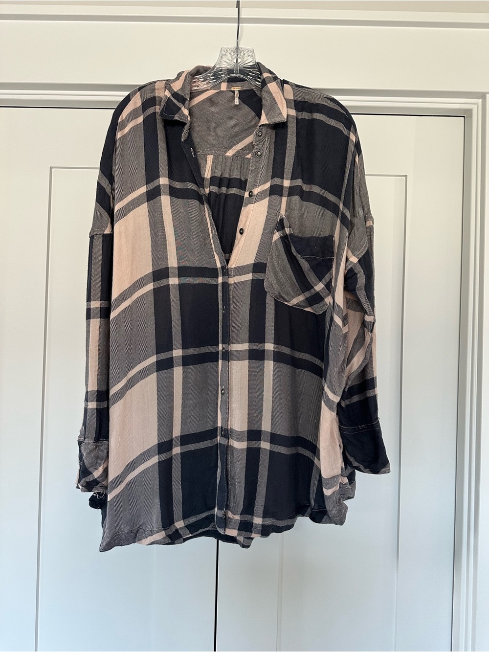 Free People Black and Blush Plaid Button-Up Shirt
